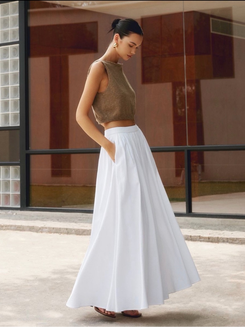 Commense White Cotton Pleated Maxi Skirt